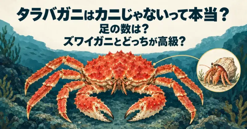 タラバガニを大きく描き、ヤドカリの小窓とともに、カニとの分類の違いや足の数、ズワイガニとの高級さの比較を問う記事タイトルを添えたイラスト。
